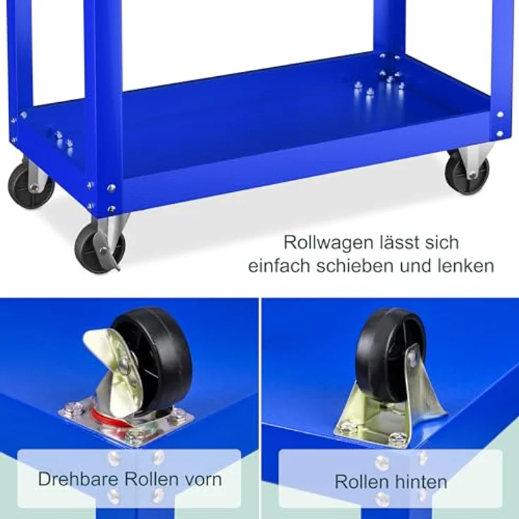 Relaxdays Werkstattwagen, mobiler Werkzeugwagen mit 3 Ablagen, bis 100 kg belastbar, HBT: 76x78x35 cm, blau – Bild 7