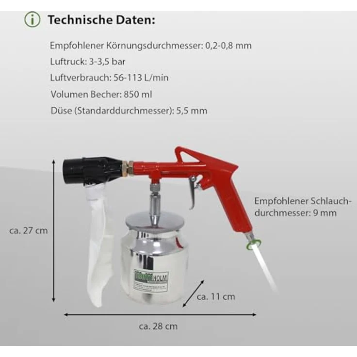 TrutzHolm® Druckluft Sandstrahlpistole Luftdruck Sandstrahlgerät 4 Düsen (Flächen- Punkt- Außenkanten- Innenkantendüse), 2,5kg Strahlmittel, 1x Auffangbeutel – Bild 4