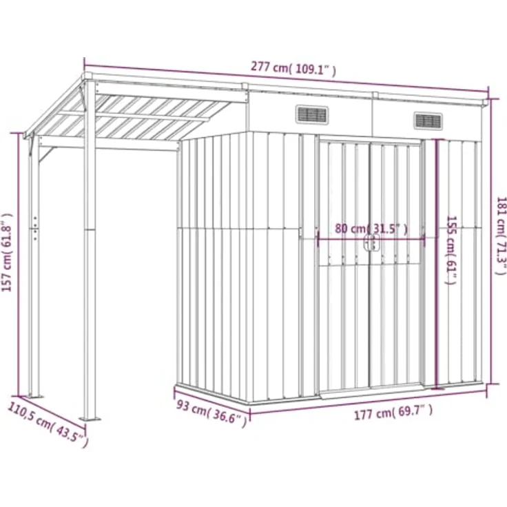 vidaXL Gartenhaus mit Schleppdach Hellgrau 277x110,5x181 cm Stahl – Bild 4