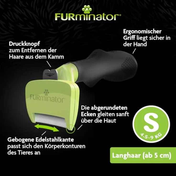 FURminator Fellbürste für langhaarige kleine Hunde, deShedding-Pflege Werkzeug, mit FURejector-Druckknopf, für 4,5-9 kg Hunde, 5 cm Felllänge, Edelstahlkante, blau – Bild 4