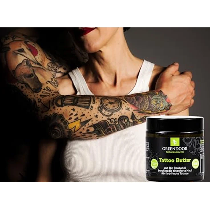 GREENDOOR Tattoo Butter 120ml, vegane Tattoo-Pflege ohne Parfum, dermatologisch getestet, optimale Farbfrische für tätowierte Haut – Bild 2