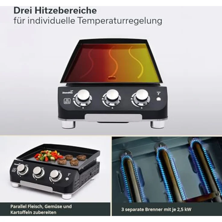 Skandika Gasplancha Palo, Gasplancha Grillplatte mit 3 Brennern, Abtropfschale, transportabler Gasgrill für Outdoor, Camping und Balkon (ohne Deckel) – Bild 3