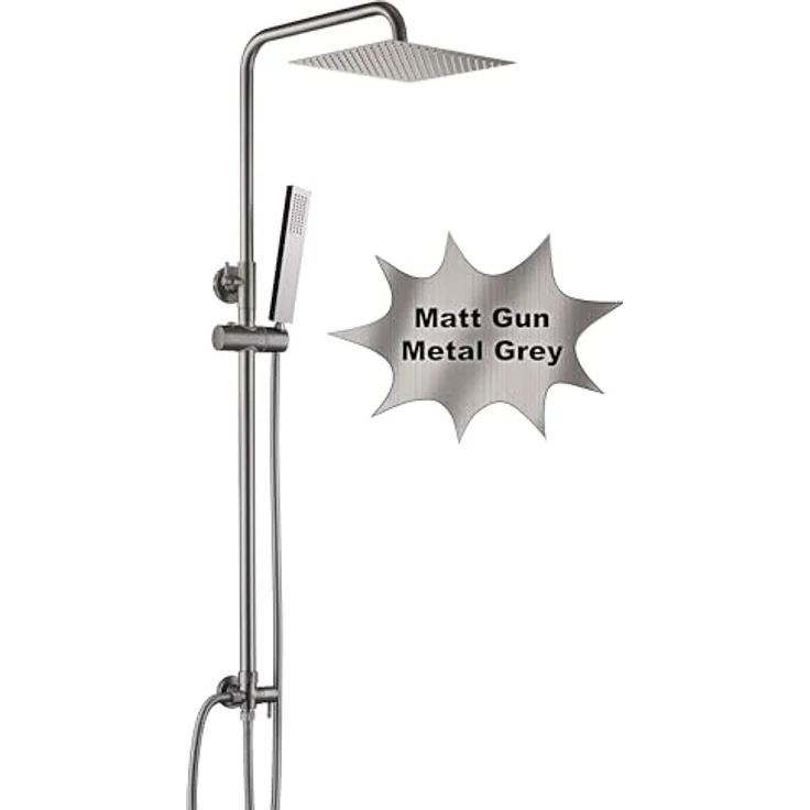 Görbach Regendusche Duschsystem ohne Armatur, Eckig 20x20 cm, Edelstahl, Gunmetal Grau, höhenverstellbar, mit Handbrause und Massiv Messing Umsteller – Bild 1