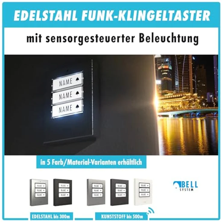 m-e Türklingel m-e modern-electronics 100171 Funkklingel Komplett-Set mit beleuchtetem Namensschild und 16 Melodien, Edelstahlgehäuse – Bild 6