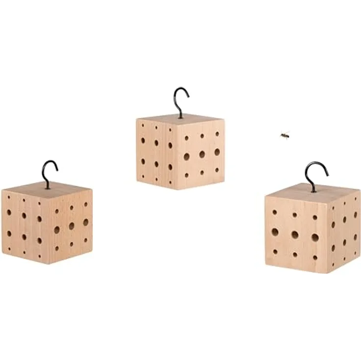 WONDERMAKE® 3er Set: Design Insektenhotel klein, Kubus aus Buche-Holz mit 3X 42 Nistplätzen, Bienenhotel hängend Nisthilfe für Wildbienen, braun schwarz