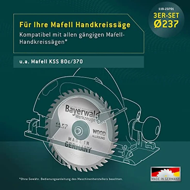 HOLZ ALLROUND Bayerwald Hand-Kreissägeblatt Set Ø 237 (3 tlg.) - für Holz Längsschnitt/Tischlerplatten/Holz Querschnitt etc. - Kompatibel mit Handkreissägen u.a. für Mafell KSS 80c 370 – Bild 4