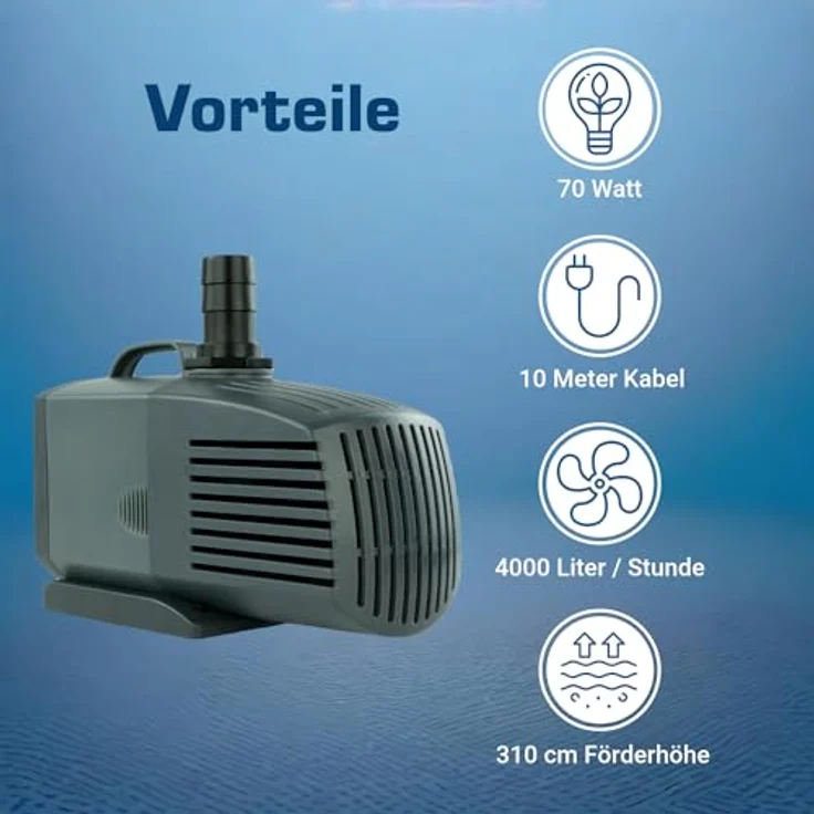 KERRY ECO Salz-Wasserpumpe – 4.000 L/H, 70 Watt, 10m Kabel, 3,1m Förderhöhe, Teichpumpe, Wasserspielpumpe | Tauchpumpe | Springbrunnen-Pumpe – Bild 3