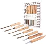 STUBAI Schnitzersatzset Kerbschnitzmesserset Serie 52, 7-teilig - Balleisen 5 mm & 10 mm + Hohleisen 4 mm, 6 mm & 10 mm + 2 Kerbschnitzmesser, Schnitzeisen mit Holzgriff, zur Bearbeitung von Holz