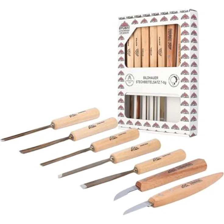 STUBAI Schnitzersatzset Kerbschnitzmesserset Serie 52, 7-teilig - Balleisen 5 mm & 10 mm + Hohleisen 4 mm, 6 mm & 10 mm + 2 Kerbschnitzmesser, Schnitzeisen mit Holzgriff, zur Bearbeitung von Holz
