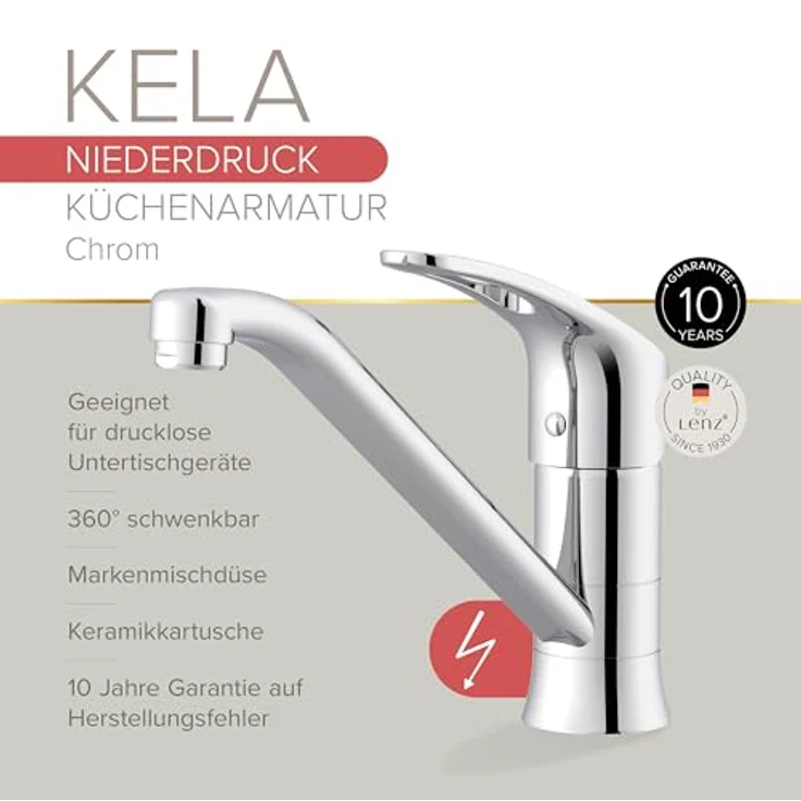 Lenz KELA Niederdruck Küchenarmatur für Boilerbetrieb, Chrom, schwenkbarer Auslauf, spritzfreie Markenmischdüse, langlebige keramische Markenkartusche – Bild 2