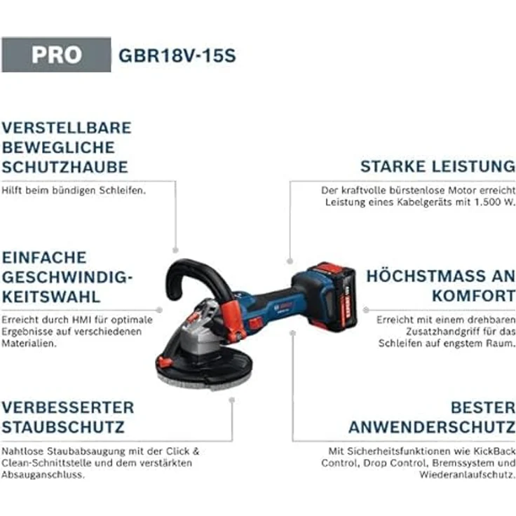 Bosch Professional Akku-Betonschleifer GBR 18V-15 S, bürstenlos, mit Zubehör und L-BOXX, für Beton und Stein – Bild 3