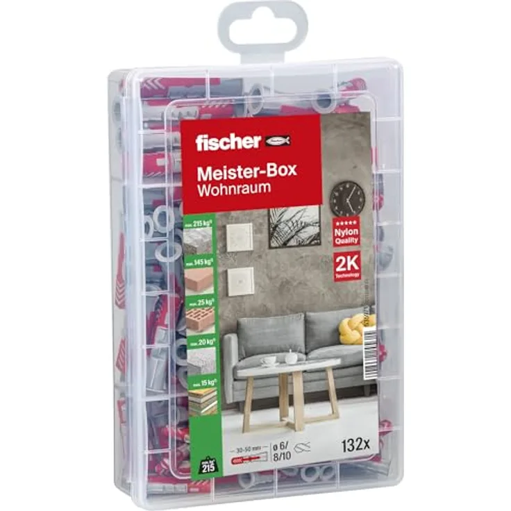 fischer Meister-Box Wohnraum, 132-teiliges Dübelset mit DuoPower, 6-10 mm Durchmesser, universeller Einsatz für Innen- und Außenbereich