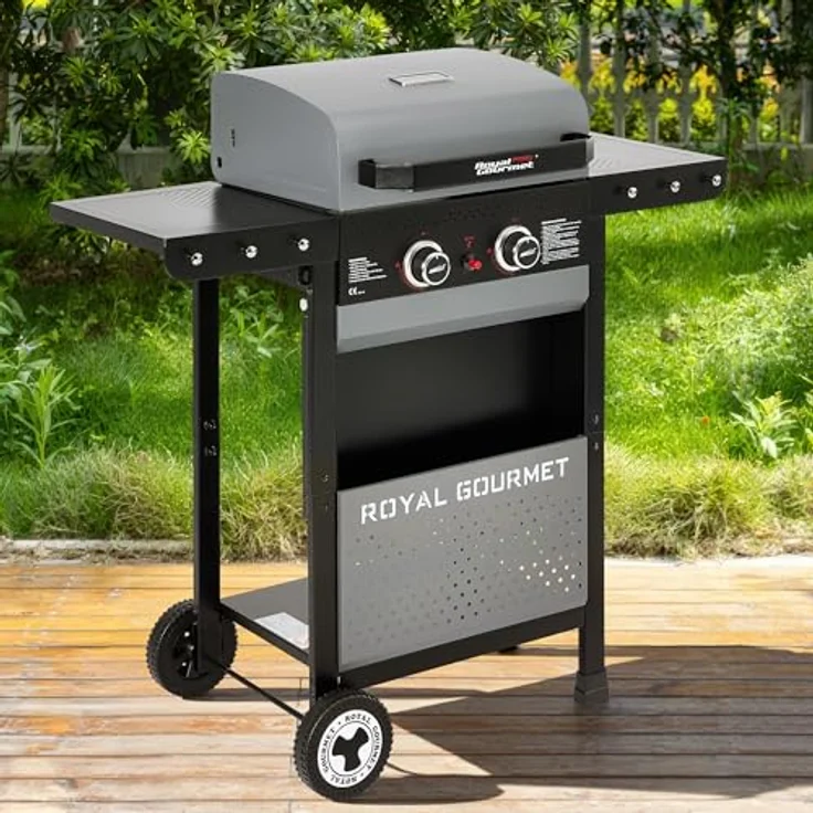 Royal Gourmet 2-Brenner Gasgrill, 5 kW Grillwagen mit klappbaren Seitenablagen, Ablagekorb und Thermometer für Balkon, Terrasse, Garten und Camping – Bild 2