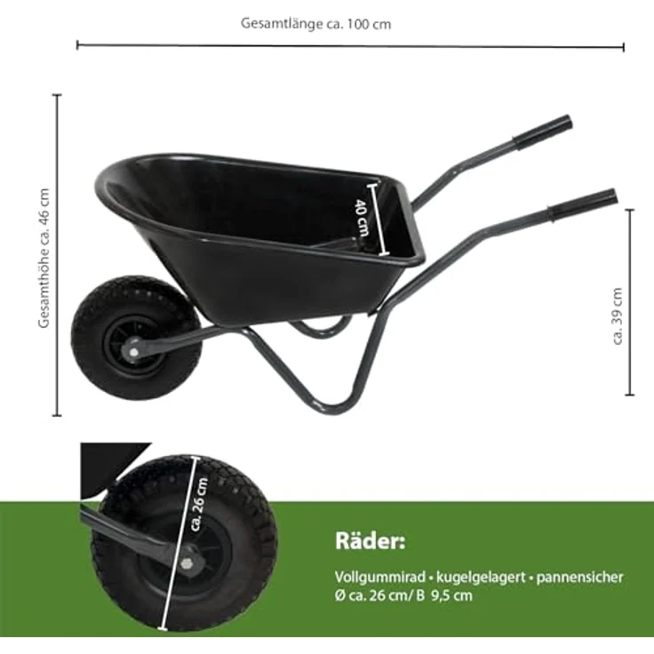 TRUTZHOLM Kinderschubkarre Uni, 40 kg Traglast, 3,6 kg leicht, pulverbeschichtetes Stahlgestell, rostfreie Polypropylen-Wanne, Vollgummirad, schwarz – Bild 2