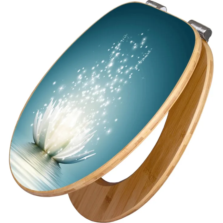 Banjado WC Sitz aus Bambus Holz mit Motiv Magische Lotusblüte, Toilettendeckel mit Absenkautomatik und Universal Scharnieren, 45,8x37,5cm