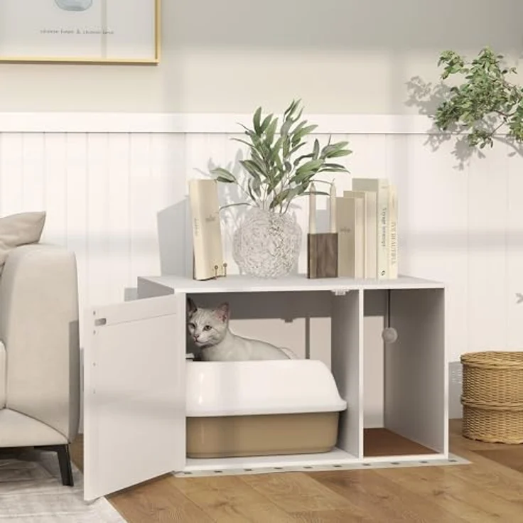 PawHut Katzenklo-Schrank Katzenschrank mit Loch, Katzentoilette mit Tür, Eingang, Kratzpad, 80 x 50 x 50 cm, Weiß, für Katzen bis 6 kg, Boho-Chic Design, Geruchskontrolle – Bild 2