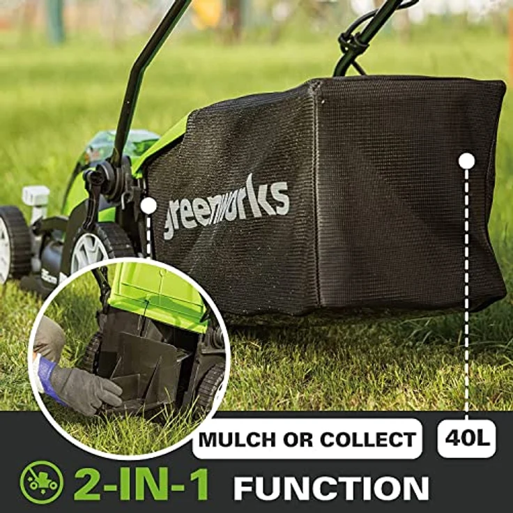 Greenworks Akku-Rasenmäher G40LM35K2X - Li-Ion 40V 35cm Schnittbreite bis zu 500m² 2in1 Mulchen und Mähen 40l Grasfangkorb 5-fache zentrale Schnitthöhenverstellung inkl. 2 Akku 2 Ah und Ladegerät – Bild 4