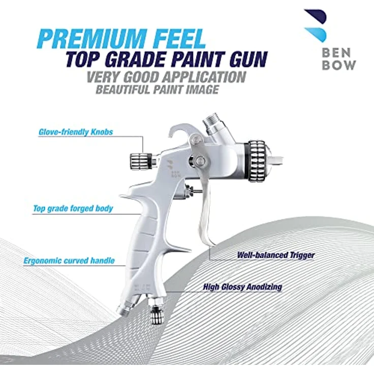 BenBow Lackierpistole PK60 HVLP 1,4 mm Düse + 600 ml Fließbecher - ideal für Autolackierung, DIY-Projekte - hochwertige Sprühqualität - Druckluft-Spritzpistole – Bild 2