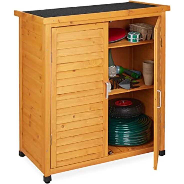Relaxdays Gartenschrank, 3 Fächer, Flachdach mit Neigung, Doppeltür, HBT: 97 x 86,5 x 47 cm, Werkzeugschrank Holz, Natur – Bild 1
