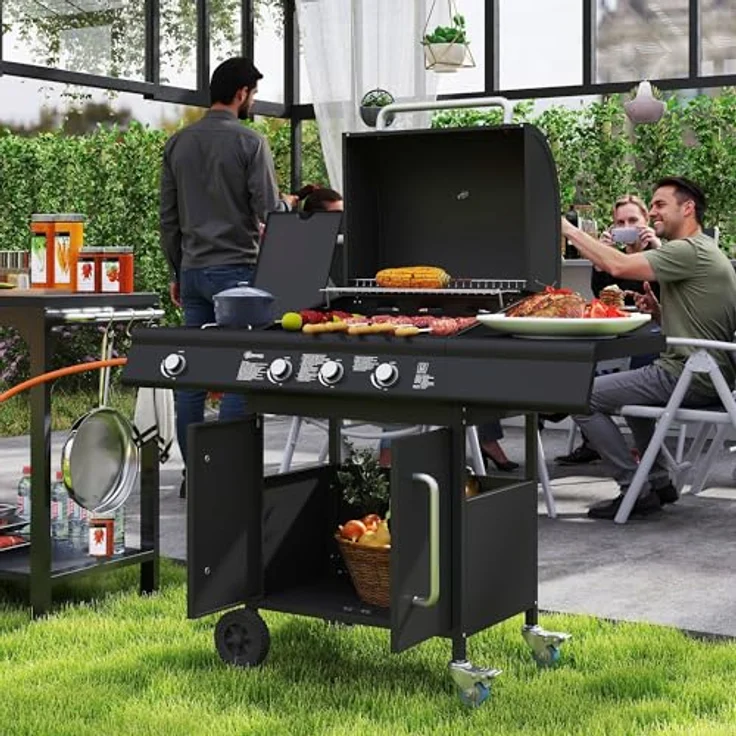 Outsunny Gasgrill 12,2 KW 3+1 Brenner BBQ Grillwagen aus Edelstahl inkl Rolle Seitenbrenner Thermometer Grillrost Kochfeld Seitentisch Gas-Grill für Balkon Camping 118,5 x 56 x 110 cm - Edelstahl – Bild 2