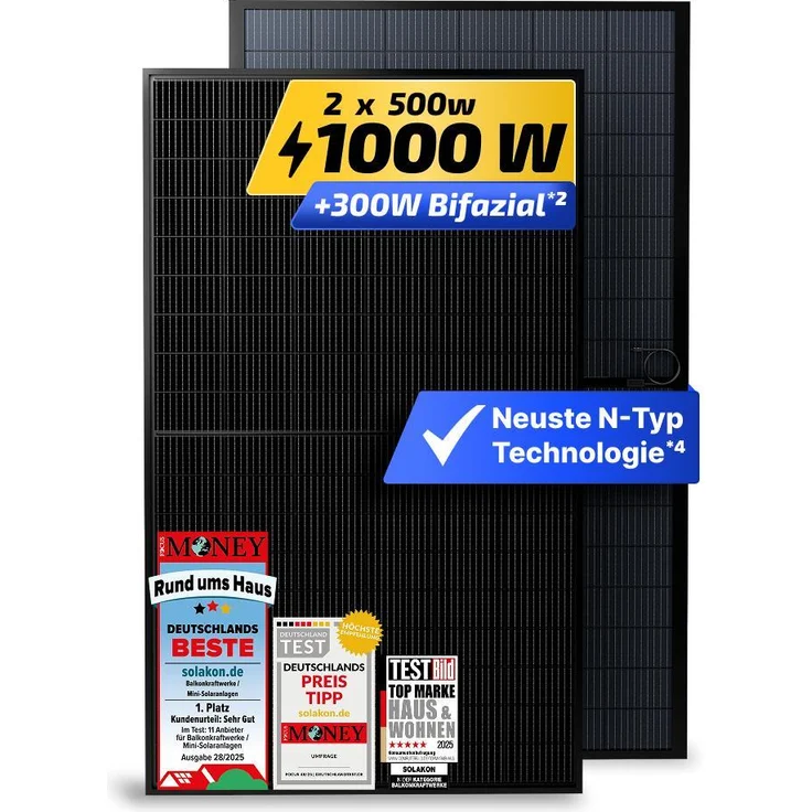 Solakon Solarmodul 500W, N-Type bifaziales monokristallines Glas-Glas Solarpanel, 40V für Balkonkraftwerk, 2er Set