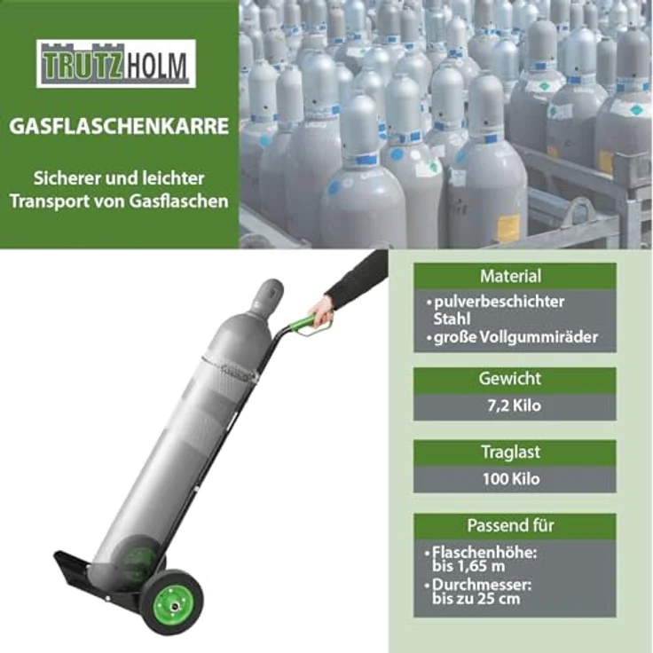 TRUTZHOLM Gasflaschenkarre, Sackkarre aus pulverbeschichtetem Stahl mit Handschutzbügel & Sicherungskette, 100 kg Traglast, für den Transport von technischen Gasen – Bild 2