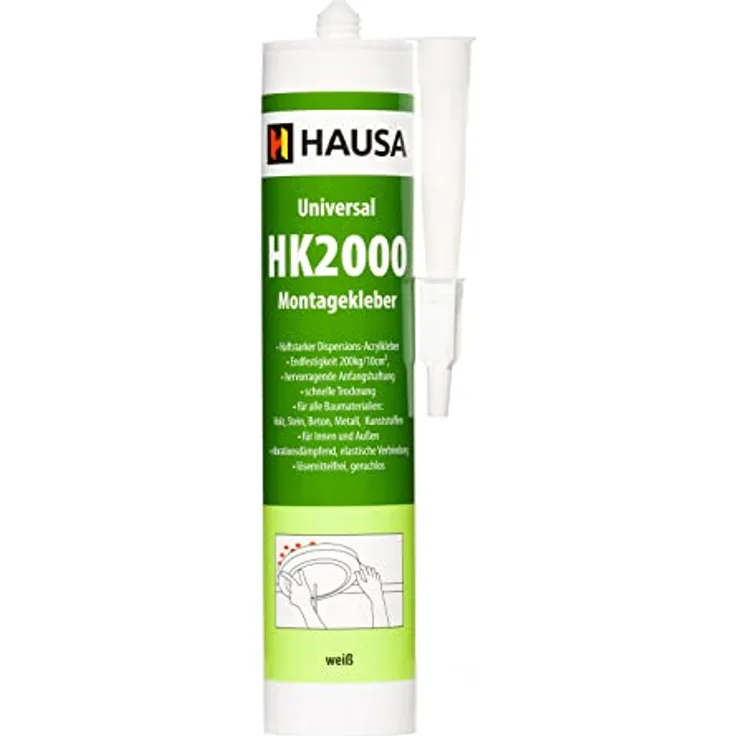 HAUSA Montagekleber HK2000 310ml extra starker Acryl-Kleber für Innen & Außen Baukleber für Styropor Leisten elastischer Kleber für poröse Oberflächen Holz Beton Metall überstreichbar weiß