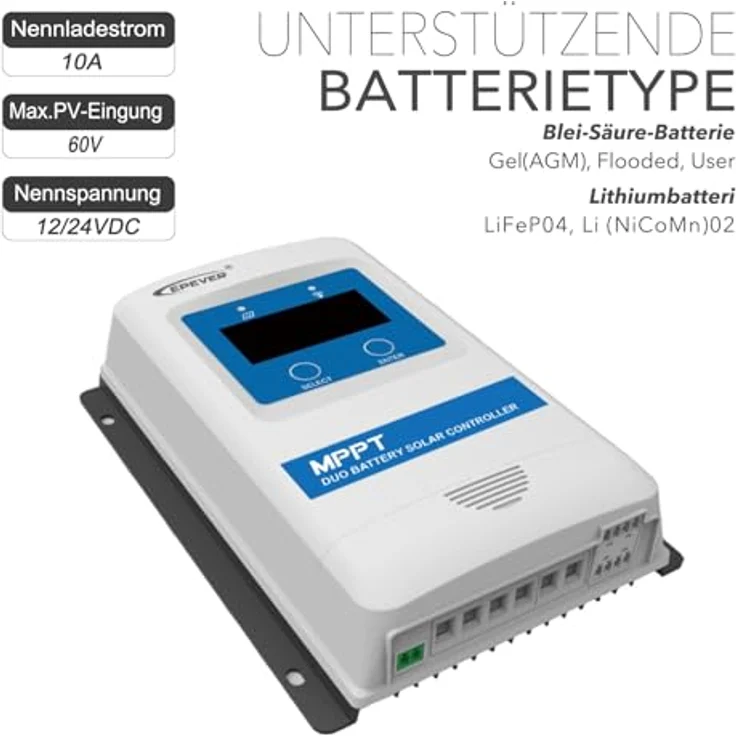 EPEVER MPPT DuoRacer 10A Laderegler solar charge controller DR1206N für 2 Batterien, 12V/24V auto work, PV 100V (DR1206N) - Ultraschneller Tracking, 99,5% Effizienz, IP33 Schutz – Bild 4
