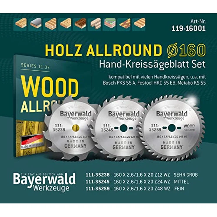 Bayerwald Kreissägeblatt Set Ø 160 (3 tlg.) - für NE-Metall & Holz - geeignet für Tischkreissägen von Bosch, Metabo, Mafell, Scheppach, Dewalt uvm. – Bild 2