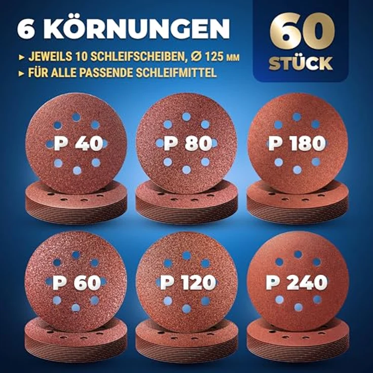 S&R Klett Schleifpapier Professional, Set 125 mm 60 St: je 10x P40, P60, P80, P120, P180, P240, 8 Löcher, für Exzenterschleifer – Bild 3