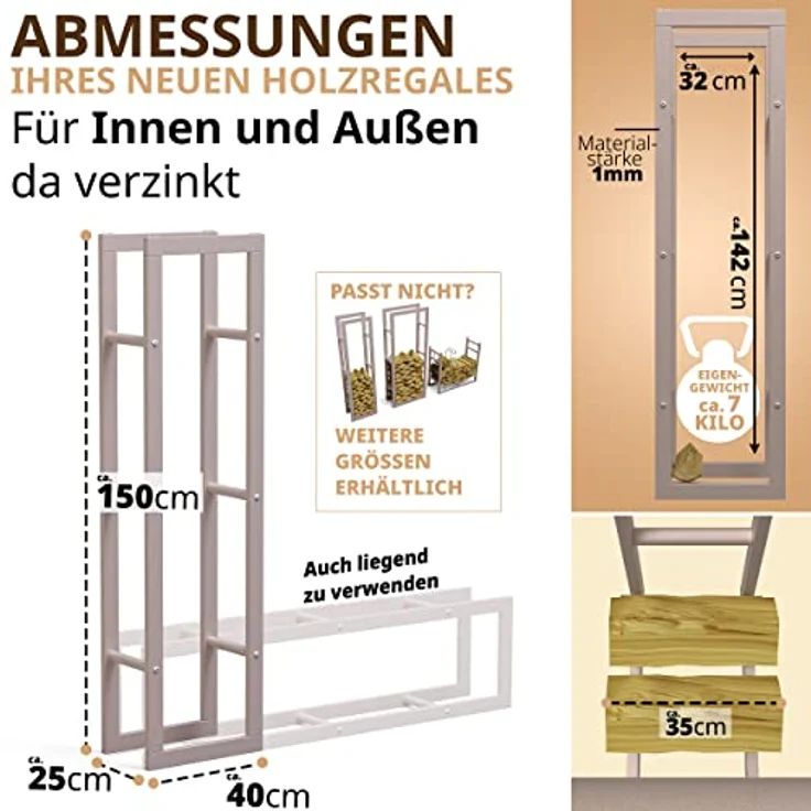 LAWA Living and Lifestyle Kaminholzregal Metall verzinkt, 150 cm hoch, RAL 9001 Cremeweiß, für innen und außen, stabile Konstruktion, Lagerung von ca. 150 dm³ Brennholz – Bild 2