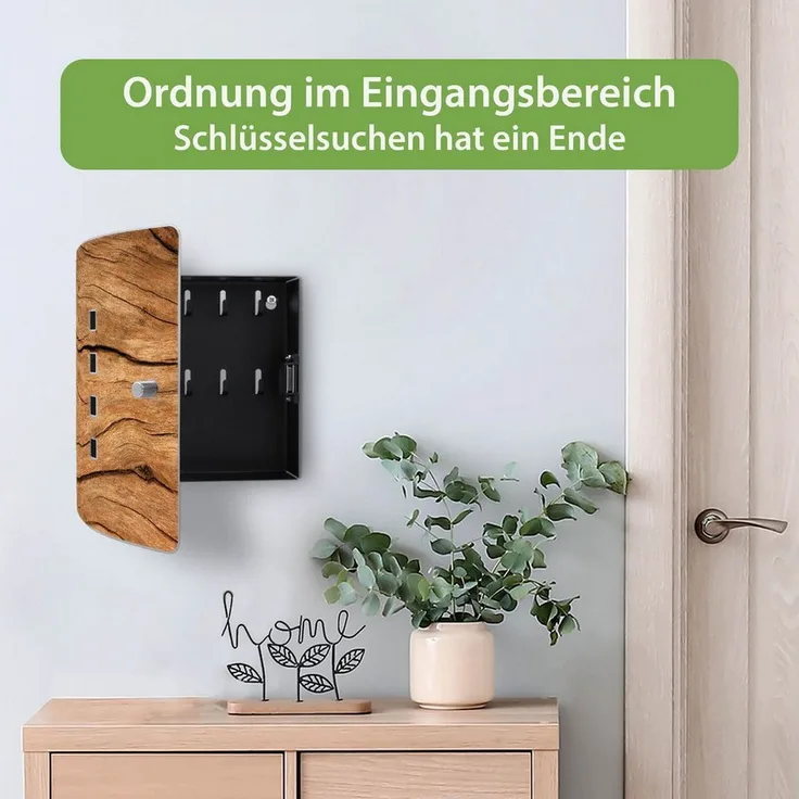 banjado Schlüsselkasten Edelstahl Motiv Trockenes Holz, verstellbarer Magnetverschluss, 10 Haken, gebogene Tür, 24 x 21,5 x 7 cm