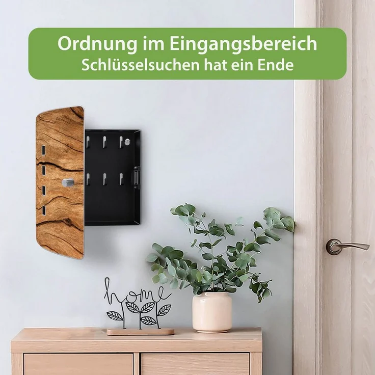 banjado Schlüsselkasten Edelstahl Motiv Trockenes Holz, verstellbarer Magnetverschluss, 10 Haken, gebogene Tür, 24 x 21,5 x 7 cm