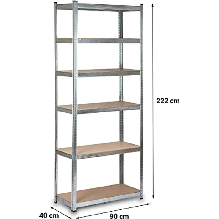 Humberg HR-814 Kellerregal, Schwerlastregal mit Stahlgestell, bis 900 kg belastbar, 6 MDF-Regalböden, 222 x 90 x 40 cm, Silber – Bild 2