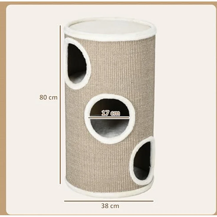 PawHut Kratztonne, Höhe 70 cm, Katzenkratzbaum mit 3 Ebenen, 3 Höhlen, Sisal, Plüsch, Braun – Bild 5