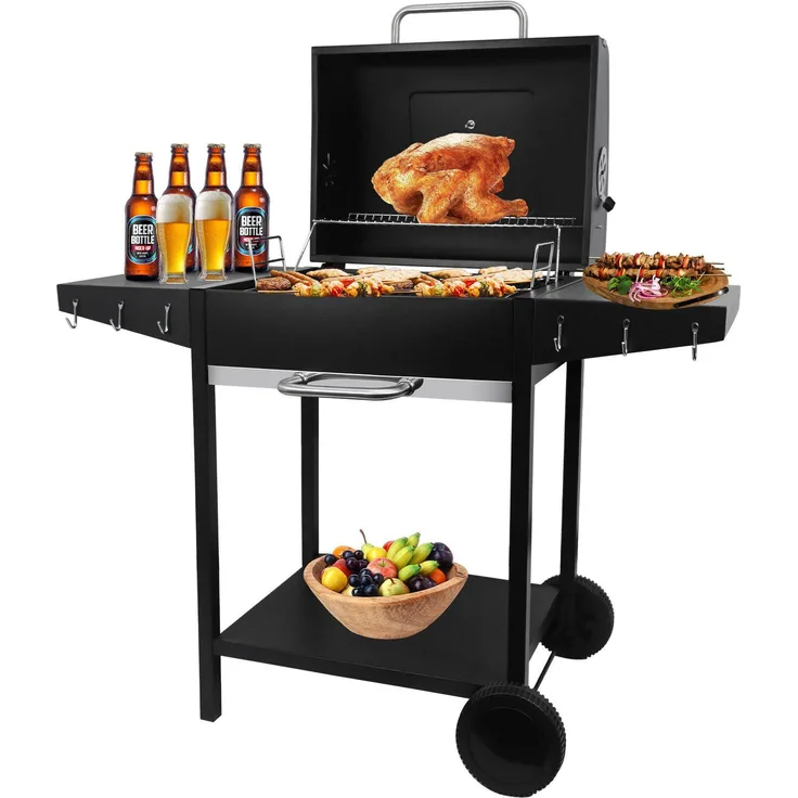 SunJas Holzkohlegrill CA-6146, kompakter Grillwagen mit Temperaturanzeige, großer Grillfläche 71 x 35 cm und abnehmbarem Aschekasten