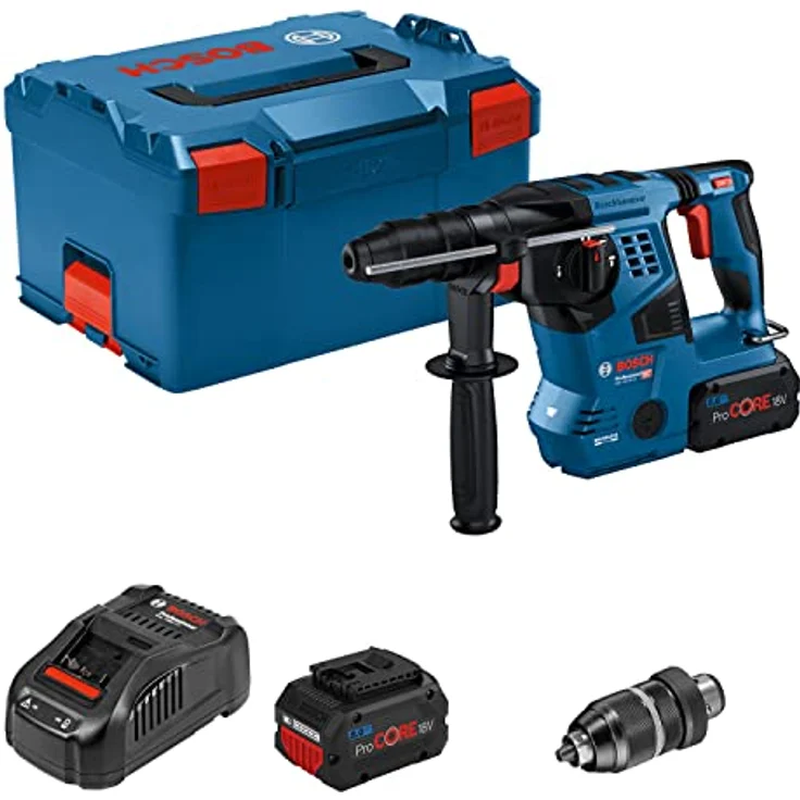 Bosch Professional 18V System Akku-Bohrhammer GBH 18V-28 CF (mit SDS plus, 3,3 J Schlagenergie, inkl. Schnellspannbohrfutter, 2x 8.0Ah ProCORE-Akku, Ladegerät, 3 Betriebsmodi, in L-BOXX) – Bild 1