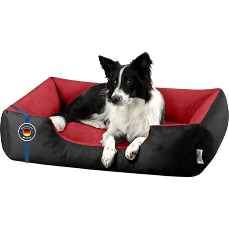 BedDog Hundebett LUPI, Hundekissen mit waschbarem Bezug, Hundesofa für mittel-große Hunde, L, schwarz-rot – Bild 1