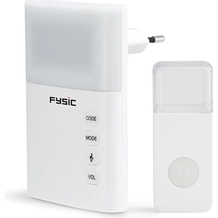 Fysic FD-110 Türklingel-Set, drahtlose Plug & Play Türklingel mit 36 Klingeltönen, Blitzlicht, IP44, weiß, inkl. Batterie
