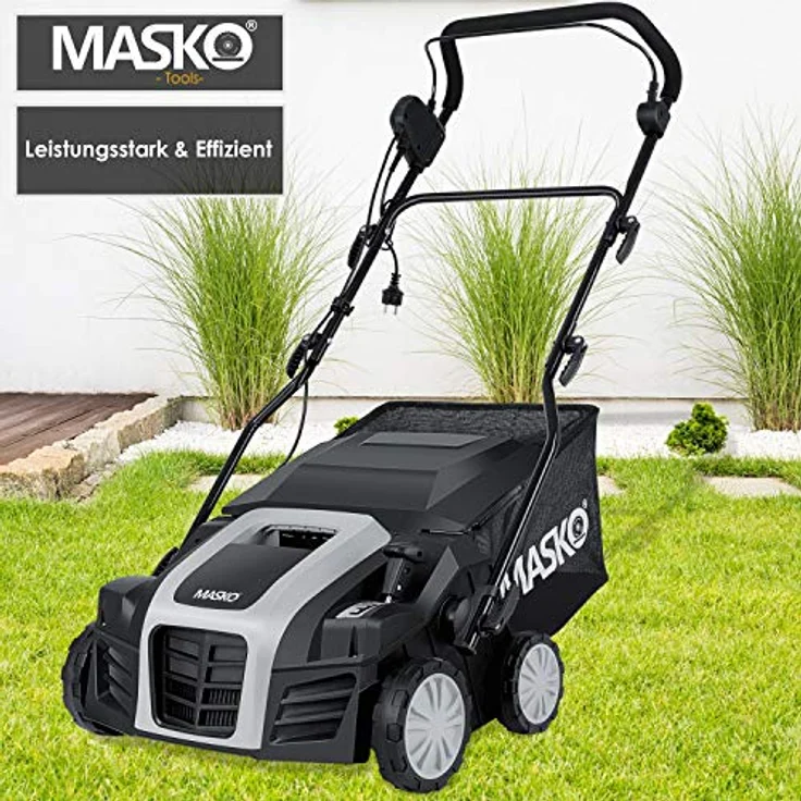 MASKO - Elektro 2in1 Vertikutierer Rasenlüfter 1800 Watt 40cm Arbeitsbreite 55L Fangkorb inkl. Lüfterwalze Lüfter Moosentferner, 5-stufige Arbeitstiefe einstellbar , höhenverstellbarer Holm Schwarz – Bild 6