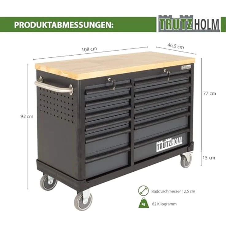 TRUTZHOLM Werkstattwagen Werkstattwagen DELUXE 12 Schubladen unbestückt mit massiver Arbeitspla, Profi Schubladenauszüge bis 40kg Tragkraft – Bild 2