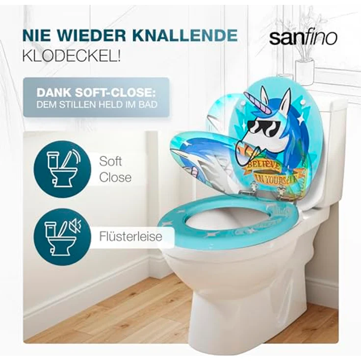 Sanfino WC Sitz Funky Unicorn, Toilettendeckel aus Holz mit Absenkautomatik, hellblau mit buntem Einhornmotiv, Maße 43,5 x 37,5 cm – Bild 2