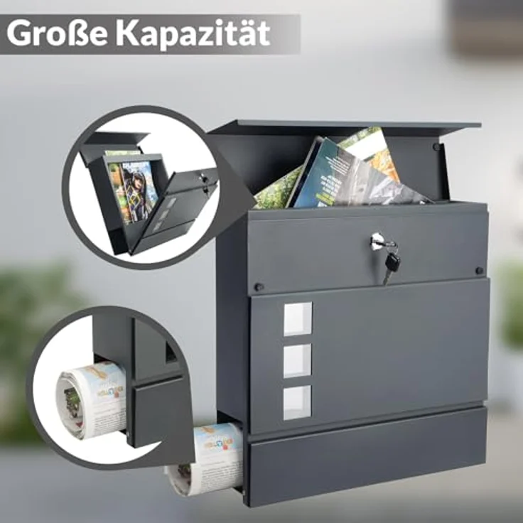 monzana Design Briefkasten Stahl anthrazit mit Zeitungsfach Sichtfenster 2 Schlüssel Namensschild Wandbriefkasten – Bild 5