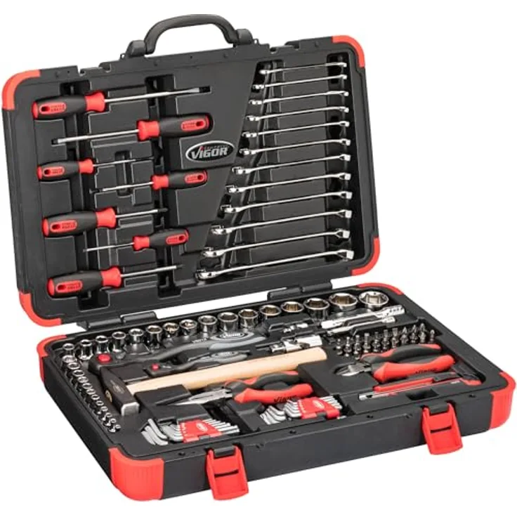 VIGOR V4425N Werkzeugkoffer, bestückt mit Antriebselementen für Vierkant und Sechskant, 1/4 Zoll und 1/2 Zoll