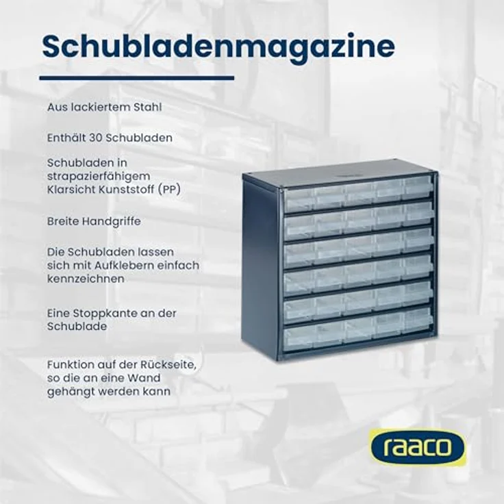 Raaco Werkstattschrank, Schubladenmagazin aus Stahl mit dunkelblauer Emaillackierung, 30.60 cm x 28.30 cm, freistehend oder wandmontierbar – Bild 4
