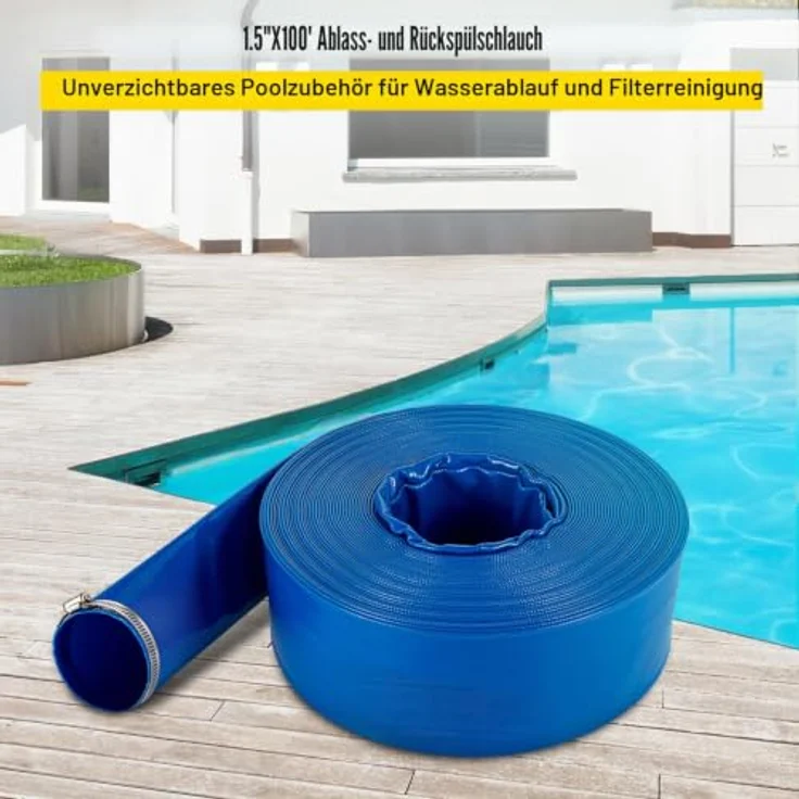 VEVOR Abflussschlauch, 1-1/2" x 105', robuster PVC-Gewebe-Flachschlauch mit Klemmen, wetterfest und platzsicher, ideal für Schwimmbad und Wassertransfer, blau – Bild 2