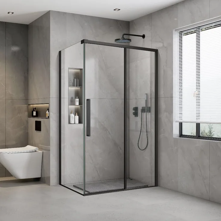 STANO Duschabtrennung EINDHOVEN CUADRA, Schwenktür mit festem Seitenteil, Schwarz Matt, 8 mm ESG Glas, Höhe 200 cm, Soft-Opening und -Closing, Anti-Scale-Behandlung