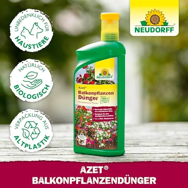 Neudorff Azet BalkonpflanzenDünger 1L, 100 % organischer und veganer Flüssigdünger für üppige Balkonkästen und Kübel, mit praktischem Dosierbecher – Bild 6