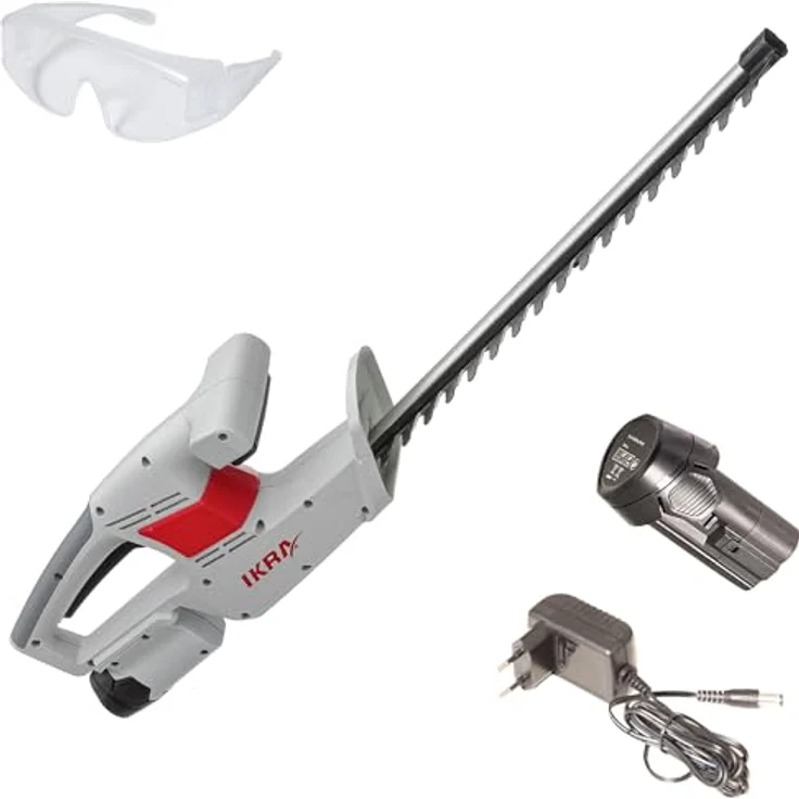 IKRA Akku Heckenschere IAHS 1240, 41 cm Schnittlänge, 14 mm Schnittstärke, lasergeschliffene Messer, inkl. Akku, Ladegerät & Schutzbrille – Bild 1