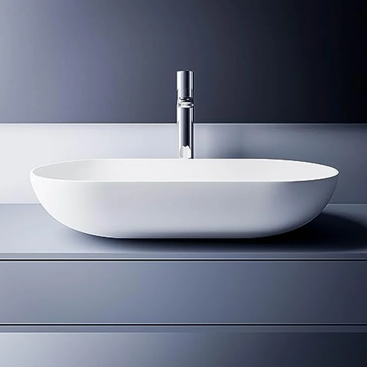 Bernstein Waschbecken O-541, Aufsatzwaschbecken aus Mineralguss - 54 x 34 x 13 cm - Farbe wählbar, Oval, Matt, mit Blende und Ablaufventil - Weiß/Grau/Weiß – Bild 2